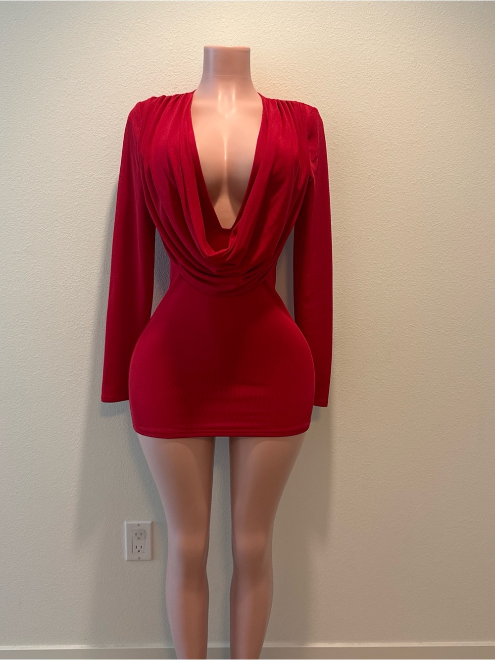 Red Long-Sleeve Cowl Neck Mini Dress